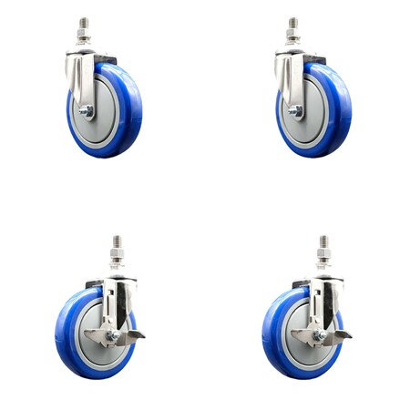 Service Caster 5 Inch 316SS Blue Polyurethane Swivel 3/8 Inch Threaded Stem Caster Brake, 2PK SS316TS20S514-PPUB-BLUE-381615-2TLB2